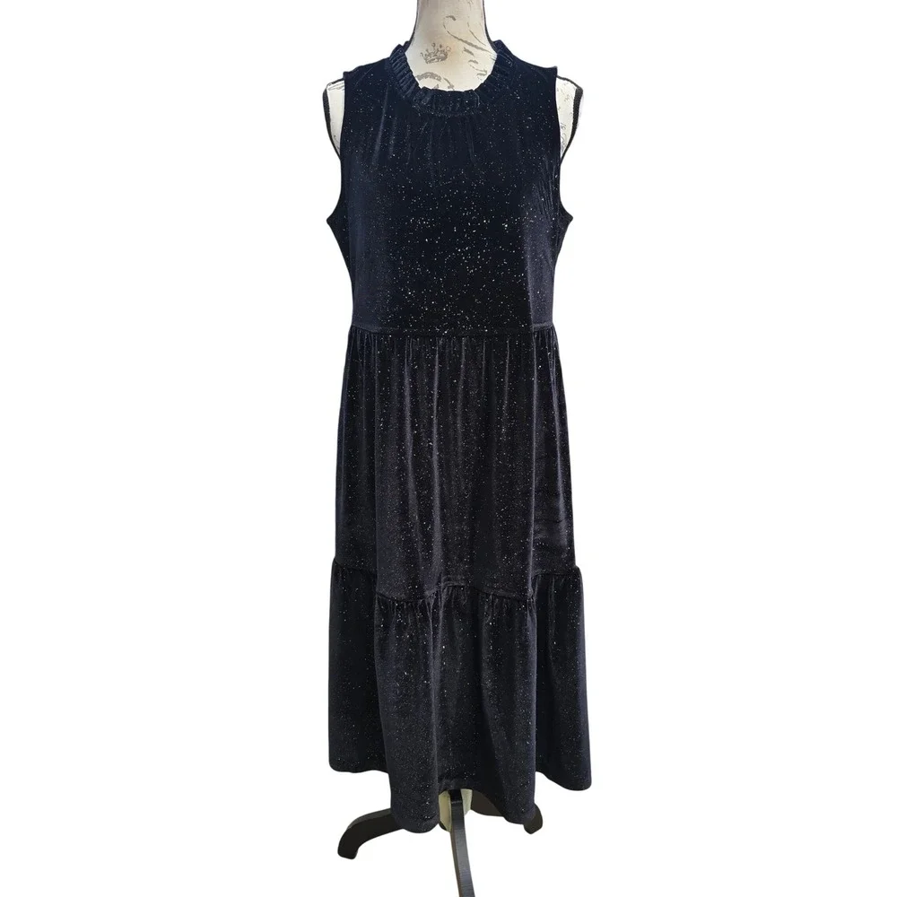J. Crew NWT -1217‎ Shimmer Velvet Black Tiered Midi Dress BV968 Womens Size 10